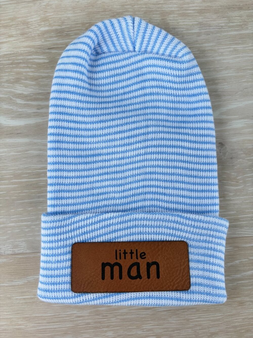 Little Man Newborn Beanie 0-3M Blue White Stripe Baby Hat Hospital Photo Gift
